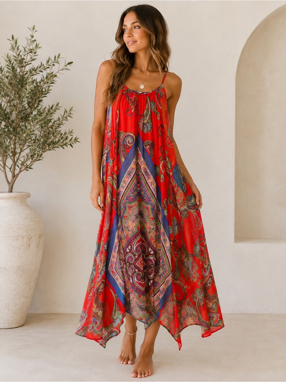 My Michelle Bright Red Paisley-Print Midi Sundress